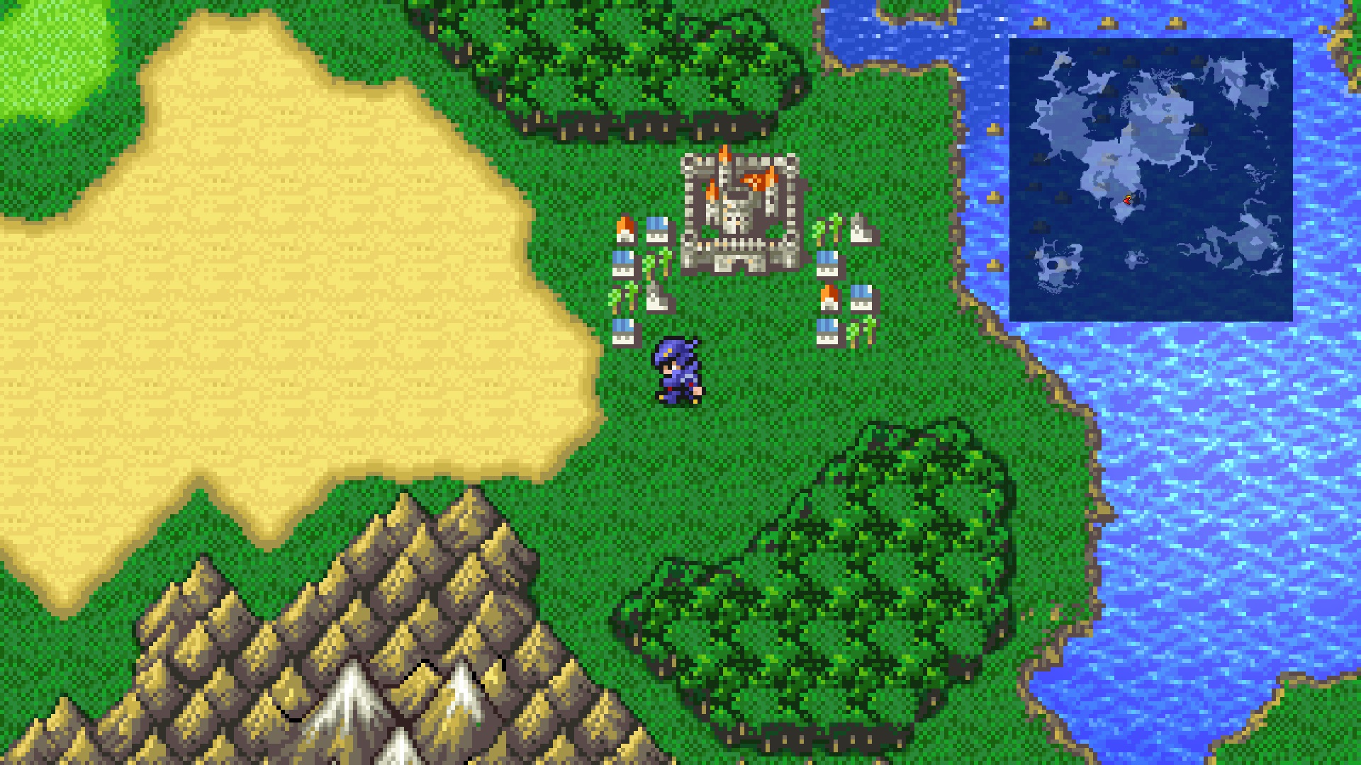 Captură de ecran de joc care arată Dark Knight Cecil de la Final Fantasy 4 pe o hartă mondială lângă un oraș