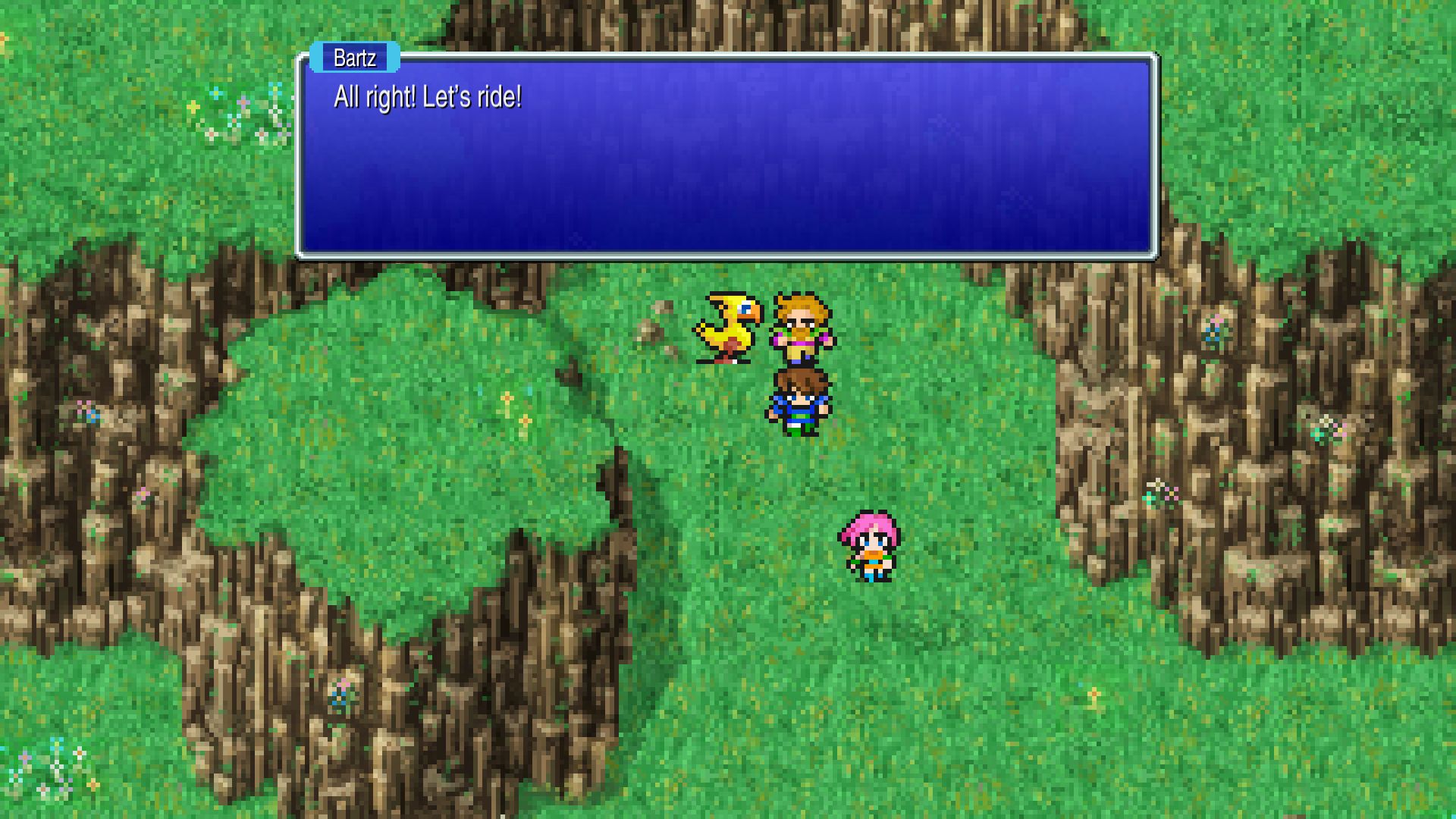 Tangkapan layar gameplay yang menunjukkan pesta Final Fantasy V dengan chocobo di peta dunia